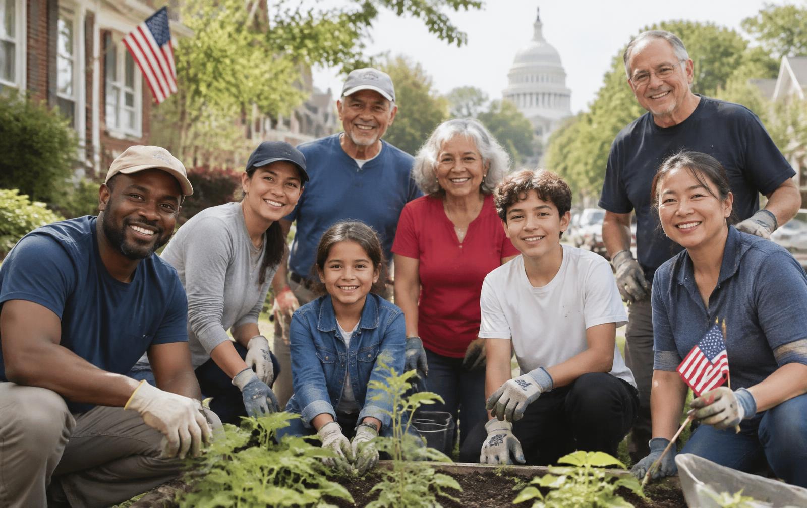 A multigenerational group of American neighbors volunteering together